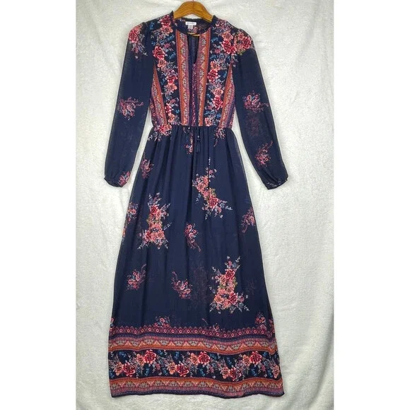 Xhilaration Floral Maxi Dress Womens XS Blue Boho CottageCore Long Sleeves - Picture 1 of 15